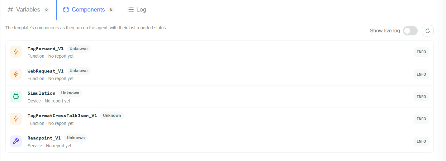 Components tab with the component list, their status, and the Show live log switch